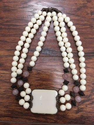 Dauplaise Necklace With Ivory Color And Pink Quartz Beads 3 Strands Vintage 2