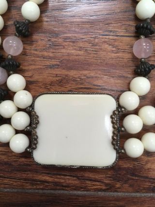 Dauplaise Necklace With Ivory Color And Pink Quartz Beads 3 Strands Vintage 3