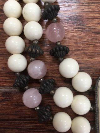 Dauplaise Necklace With Ivory Color And Pink Quartz Beads 3 Strands Vintage 5