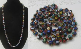 Vintage Colorful Venetian Millefiori Murano Art Glass Bead Flapper Necklace 36 "