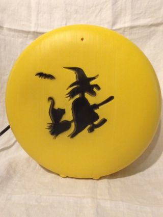 Vintage Halloween Blow Mold Witch & Cat On Broom W/ Bat Moon Silhouette 8 3/4”