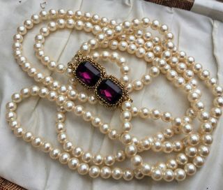 Vintage Very Long Double Strand Pearl Necklace Large Amethyst Glass Side Clasp