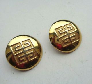 Vintage Signed Givenchy Paris York G Logo Round Gold Tone Clip Earrings