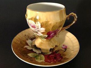 Vintage Pedestal Cup & Saucer.  Hand Painted.  Red & White Roses.  Gold Accents