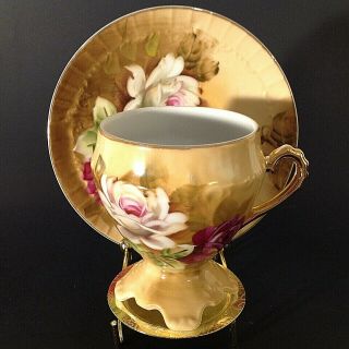 VINTAGE PEDESTAL CUP & SAUCER.  HAND PAINTED.  RED & WHITE ROSES.  GOLD ACCENTS 2