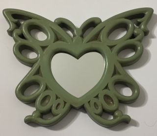 Vintage 1960s Butterfly Heart Mirror Wall Hanging Olive Green 60s Molded Plastic