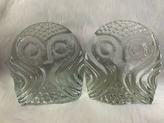 Vintage Clear SOLID GLASS OWL BOOKENDS Mid Century Modern Pilgrim Glass Co 2