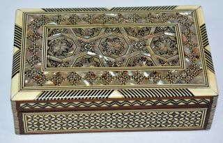Vintage Mother Of Pearl Bone Inlay Wood Trinket Jewelry Box