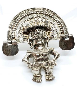 Vintage 925 Sterling Silver Mexico Ornamental Mayan Witch Doctor Pendant Brooch