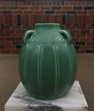 Vintage Rockwood 3 Handled Vase,  Deco Pattern,  Green.