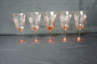 5 Vintage Pink Depression Wine Water Goblets Optic Panel Etched Flowers 6 5/8 "