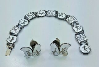 Vintage Siam Sterling Silver White Enamel Link Bracelet And Earrings