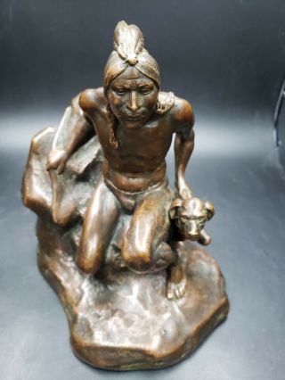 Vintage Bronze Bookend Indian And His Dog Sitting On A Rock One Only