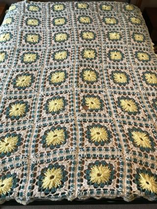 Vintage Granny Squares Afghan Crochet Throw Blanket Yellow Floral Handmade 66x98