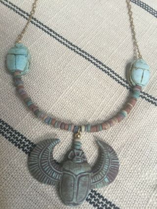 Vintage Egyptian Revival Winged Scarab Cartouche Necklace