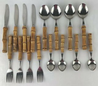 Vintage Service For 4 Natural Bamboo Handle Flatware Stainless Japan