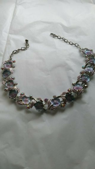 Art Signed Vintage Pink Aurora Borealis Rhinestones Purple Blue Pink Necklace