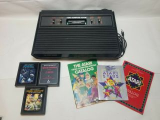 Vintage Atari 2600 4 Switch All Black Video Game Console With 3 Games & Inserts