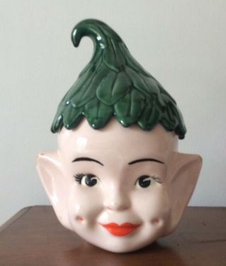 Vintage Elf Pixie Head Pottery Ceramic Cookie Jar W/ Green Leaf Hat