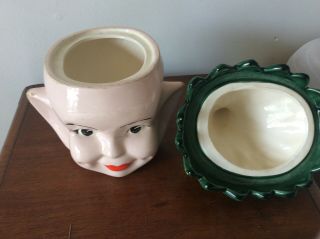 Vintage Elf Pixie Head Pottery Ceramic Cookie Jar w/ Green Leaf Hat 2