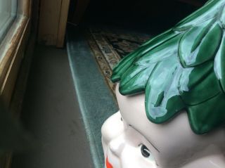 Vintage Elf Pixie Head Pottery Ceramic Cookie Jar w/ Green Leaf Hat 4