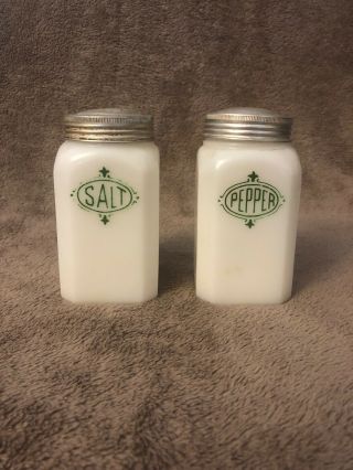 Vintage Anchor Hocking White With Green Lettering Range Salt And Pepper Shakers