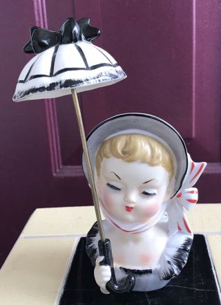 Vintage Head Vase Lady With Umbrella Parasol Black White Eyelashes Omc Usa