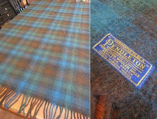 Pendleton Plaid Stadium Blanket Vintage Throw Fringe 100 Wool 76 " X 52 " Blue
