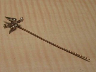 Unmarked Test 10k Yellow Gold Vintage Stick Pin Bird Swallow Dove Seed Pearls