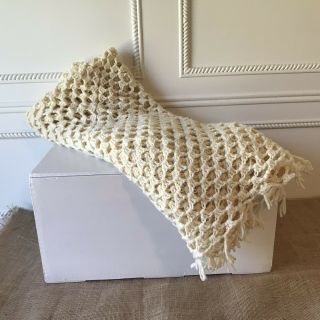 Vintage Hand Crocheted Granny Afghan Blanket Throw Cream Boho