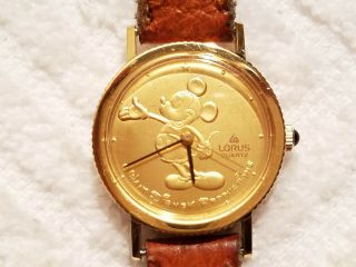 Vintage Lorus Disney Mickey Mouse Watch Gold Dial Leather Strap