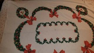 Vintage Mid - Century Cotton Christmas Tablecloth Wreaths Shiny Brite Ornaments