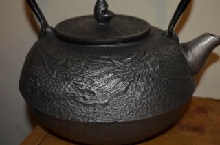 Japanese Asian Dragon Ornate Cast Iron Enamel Metal Teapot Tea Kettle 4lb Vtg