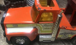 Vintage Nylint pressed steel Big Pumpkin orange wrecker/tow truck 80s Mack/Ford 6