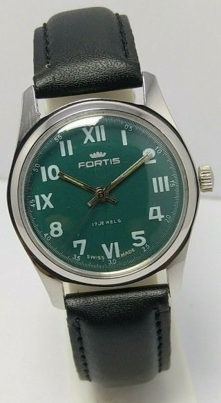 Swiss Made Vintage Fortis Green Dial Hand Winding 17j Wrist Watch Men 