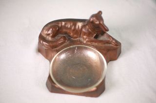Vintage Cast Metal Copper Bronze ? Greyhound Glass Ashtray Artisan