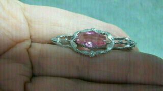 Vintage 10k White Gold Filigree Brooch Pin With Pink Stone 2 Grams