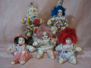 Vintage Collectible Creepy Clowns W/porcelain Heads Group Of 5