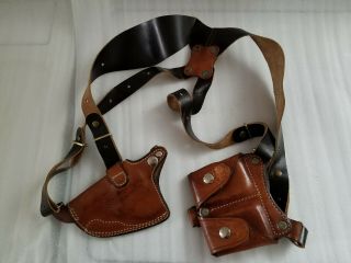 Vintage Viking Mexico Tan Leather Shoulder Holster 1181 - L & Clip Pouch 1180 - D