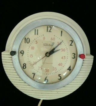 Vintage 1950s Art Deco Ivory Telechron Electric Wall Clock 2h17 Midcentry