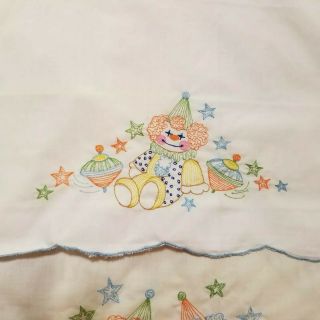 Vintage Confetti Knits Crib Top Flat Sheet Pillow Infant Baby Clown Embroidered