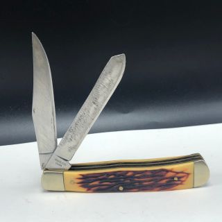 VINTAGE POCKET KNIFE TWO 2 BLADE Winchester dual boot beige wood color stag gold 2