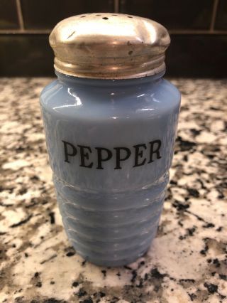 Vintage Delphite Blue Milk Glass PEPPER Spice Ribbed Shaker 2