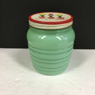 Vintage Anchor Hocking Green Jadite Yellow/red Tulip Metal Lid Grease Jar