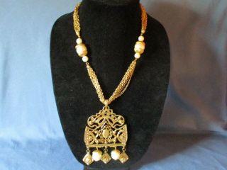 Vintage Gold - Tone Metal Faux Pearl Etruscan Design Chunky Pendant Necklace