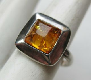 Vtg Sterling Silver Baltic Amber Square Mid Century Modernist Ring Size 5 3/4