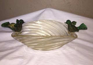 Vintage Murano Glass Bowl With Gold Flecks And Green Birds
