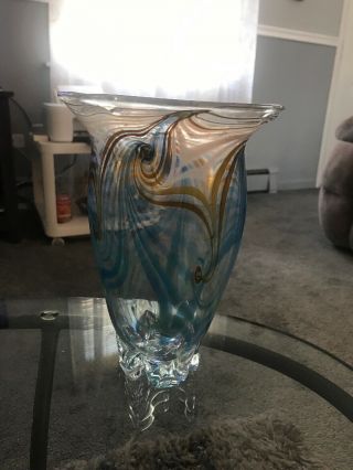 Vintage Signed Nancy Freeman Studio Art Glass Pulled Feather Vase 96