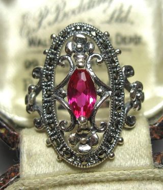 Vintage Art Deco Design Solid Silver Marcasite Ruby Crystal Jewellery Ring P 7.  5