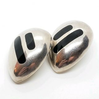 Vintage Signed 925 Sterling Silver Mexico Modernist Tear Drop Onyx Clip Earrings